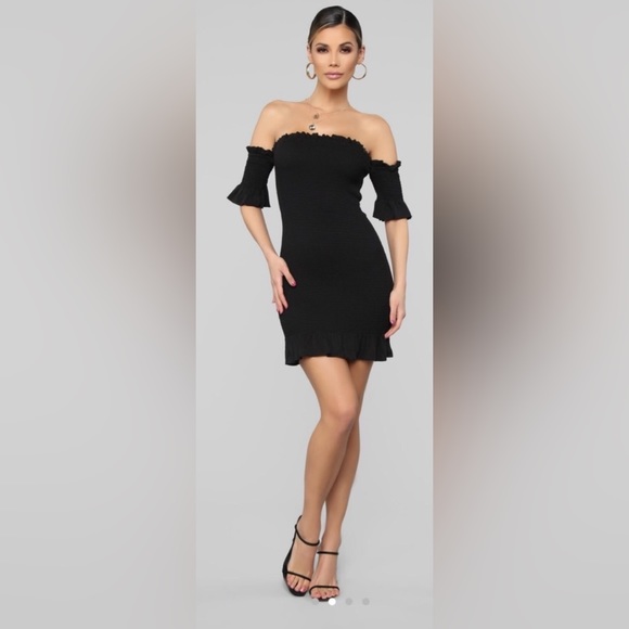 Fashion Nova Keep Me Close Ruffled Smocked Black Off Shoulder Dress - Picture 2 of 3